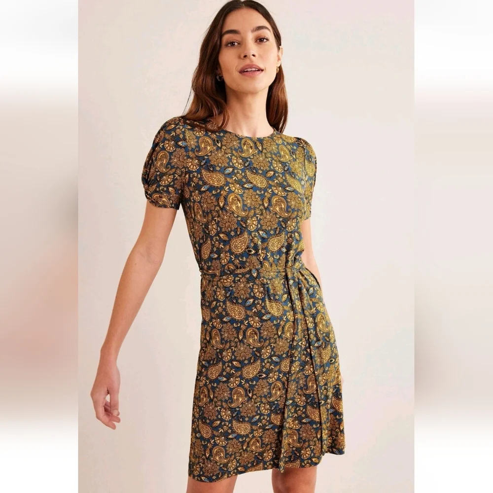 Boden Blue Mustard Yellow Paisley Belted Poof Sleeve Mini Dress Women's Size 4 - Picture 5 of 13